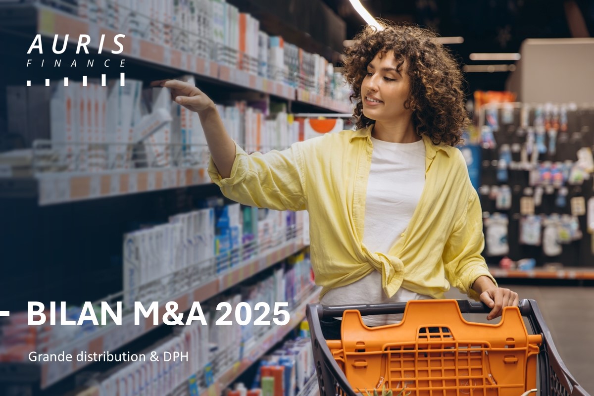 Illustration représentant le bilan M&A 2025 dans le secteur Grande distribution et DPH, mettant en avant les transactions emblématiques en France et à l’international.