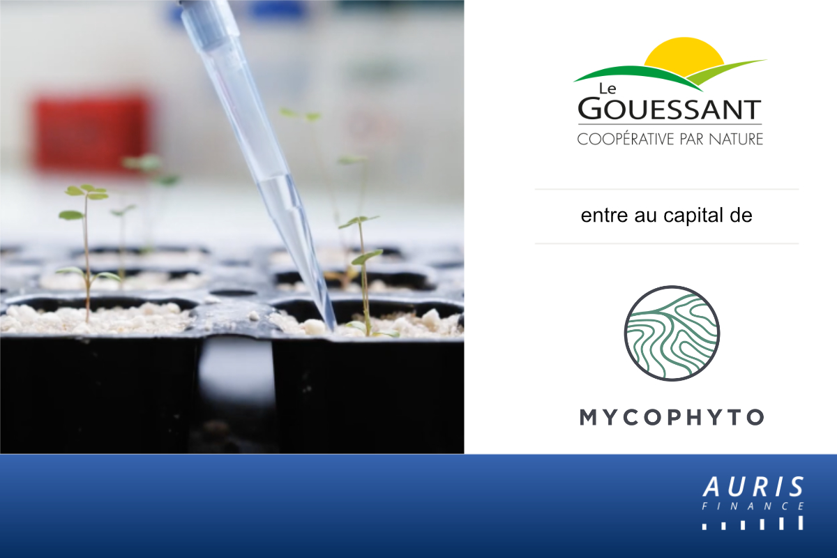 Illustration montrant Mycophyto et la Coopérative Le Gouessant collaborant pour le développement industriel et la distribution de solutions biologiques pour l’agriculture durable en France.